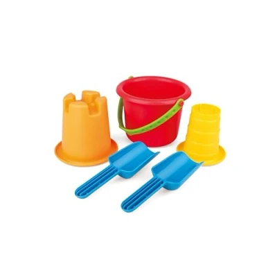 Abbildung von Hape 5 in 1 Strandset Sandspielzeug mit 2 Schaufeln, Eimer, Sieb und Förmchen, ab 18Monaten