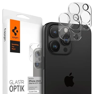 Abbildung von Spigen Glas.tR Optik Kameraschutz kompatibel mit iPhone 16 Pro/Pro Max, 15 14 2 Stück, Kristallklar, Hüllenfreundlich, Anti Kratzer, 9H Härte Folie
