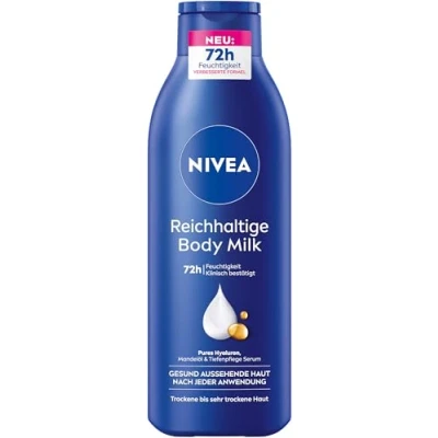 Abbildung von NIVEA Reichhaltige Body Milk, intensiv pflegende Körpercreme mit purem Hyaluron, Mandelöl und Tiefenpflege Serum, Lotion für trockene Haut (250 ml)