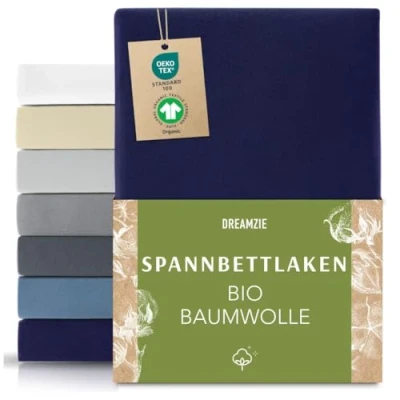 Abbildung von Dreamzie Premium Spannbettlaken 120x200 cm bis 130x200 Dunkelblau, Spannbetttuch aus 100% Jersey Biobaumwolle, 150 g/m² Oeko TEX