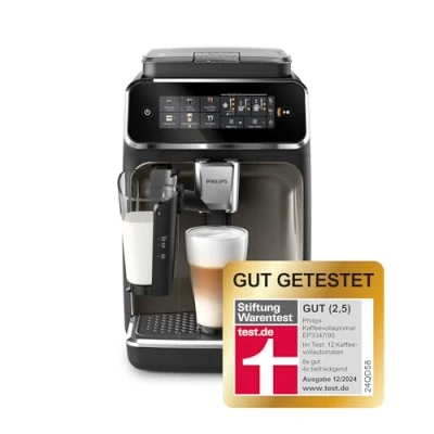 Abbildung von PHILIPS 3300 Series Kaffeevollautomat 6 Getränke, Modernes Farb Touchscreen Display, LatteGo Milchsystem, SilentBrew, 100% Keramikmahlwerk, AquaClean Filter. Schwarzchrom (EP3347/90)