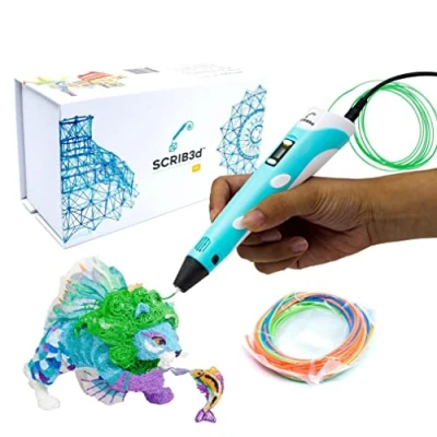 Abbildung von SCRIB3D P1 3D Druckstift mit Anzeige Enthält Stift, 3 Startfarben von PLA Filament, Schablonenbuch + Projektanleitung und Ladegerät