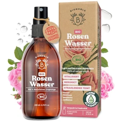 Abbildung von Bionoble Rosenwasser Bio 200ml Hydrolat aus Damaszener Rosen 100% Rein und Natürlich Gesicht, Augenpartie, Körper, Haare Rose Water Glasflasche + Spray