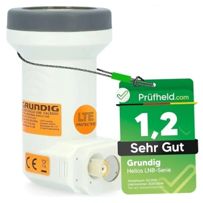 Abbildung von [ Test SEHR GUT, Note 1.2 *] GSS Helios Single LNB mit LTE Abschirmung &amp; Sun Protect UV Schutz, 1Fach HD 4K LMB für 1 Teilnehmer, (TV Fernseher, Sat Receiver) LNC Satellitenschüssel Antenne