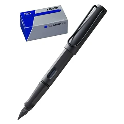 Abbildung von Lamy Set aus 1x safari Füllhalter 017 in umbra Feder für Linkshänder und T10 3er Tintenpatronen original Umkarton Tintenfarbe blau