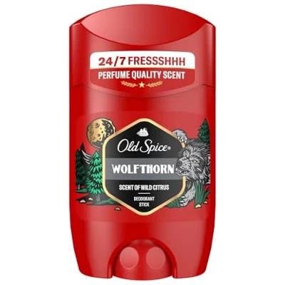 Abbildung von Old Spice Wolfthorn Deo Stick für Männer, 50ml, 48H Frische, langanhaltender Duft in Parfümqualität, 0% Aluminiumsalze, keine Flecken auf Schwarz &amp; Weiss, hergestellt aus 50% recyceltem Plastik