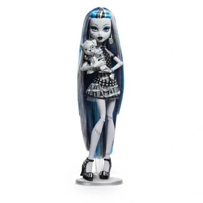 Abbildung von Monster High Puppe Frankie Stein in Schwarzweiß, Reel Drama Sammlerpuppe, Poster Puppengröße und Lebensgröße, Horrorfilm Design, Spielzeug Geschenke, HKN29
