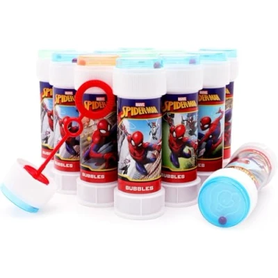 Abbildung von Toyland® 12er Pack Seifenblasenbehälter „Spiderman“ mit Zauberstäben, 60 ml Lösung und originellem Labyrinthdeckel Taschengeld Partytütenspielzeug
