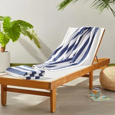 Abbildung von Amazon Basics Pool und Strandtuch, 100 % Baumwolle, Frottee, Cabana Streifen, weich saugfähig, 76 x 152 cm, 2 Stück, Marineblau