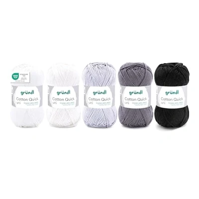 Abbildung von Gründl Wolle Cotton Quick uni Garn zum Stricken und Häkeln aus 100% Baumwolle, 5 Knäuel 50 g / 125 m, Häkelgarn/Baumwollgarn, Weiß Grau Schwarz Mix