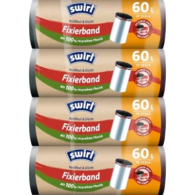 Abbildung von Swirl Reißfest &amp; Dicht Fixierband Müllbeutel 60 l (4 x 10 Beutel), tropfsichere Müllsäcke für den Hausmüll, reißfeste Mülltüten sicheren Halt am Mülleimer