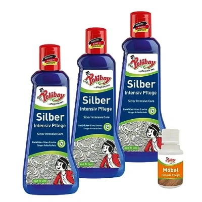 Abbildung von POLIBOY Silber Intensiv Pflege Sanftes Poliermittel für Silberschmuck 3x 200 ml Mit Produkt Probe Made in Germany
