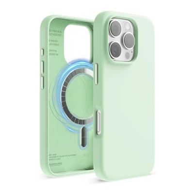 Abbildung von elago Magnetisch Silikon Hülle Kompatibel mit iPhone 16 Pro 6,3 Zoll, Allen MagSafe Zubehör Eingebaute Magnete, Soft Grip Silikon, Stoßfest (Soft Mint)