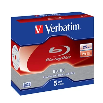 Abbildung von Verbatim BD RE Single Layer Blu ray Rohlinge 25 GB, Disc mit 2 facher Schreibgeschwindigkeit, Kratzschutz, 5er Pack Jewel Case, Disks für Video und Audiodateien