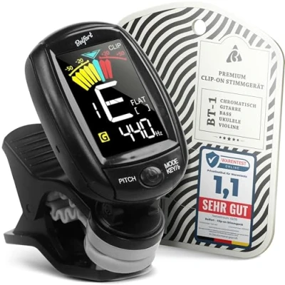 Abbildung von BELFORT® TuneMax kompakter Clip On Tuner für alle Instrumente Universal Stimmgerät Gitarre, Ukulele, Violine, Bass, Saz und Chromatisch (Universal Modus) + BONUS: eBook (Gitarren Zubehör)