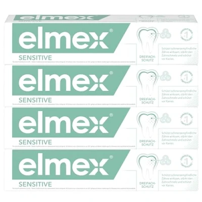 Abbildung von elmex Zahnpasta Sensitive 4x75ml sanfte Zahnreinigung und Schutz für schmerzempfindliche Zähne klinisch bestätigt starke gegen Karies