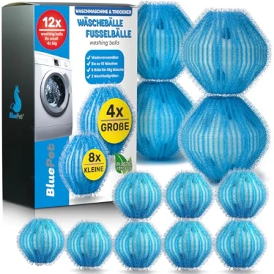 Abbildung von BluePet® 12x Fusselbälle für die Waschmaschine Entfernt Tierhaare, Fusseln &amp; Flusen, Haarfänger Wäschetrockner Flusenkugeln Wäscheball (4x Groß 8x Klein)