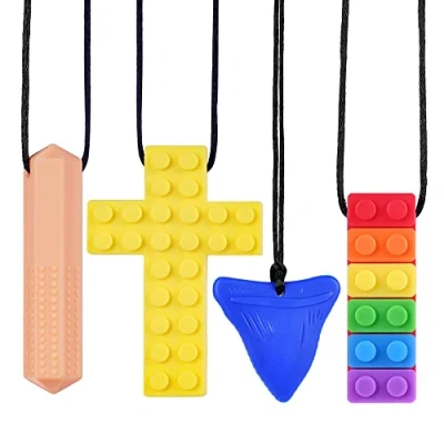 Abbildung von Vicloon Baby Kauen Halskette, 4 Stück Beißring Spielzeug mit Silikon Zahnbürste, Kleinkinder Beissring, weiches Silikon, BPA frei, Natürlicher Kühlbeißring,Autismus und ADHS