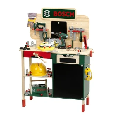 Abbildung von Theo Klein 8734 Bosch Holzwerkbank I Robuste Kinderwerkbank, höhenverstellbar Elektr. Akkuschrauber, Werkzeuge mit Licht und Sound Spielzeug für Kinder ab 3 Jahren