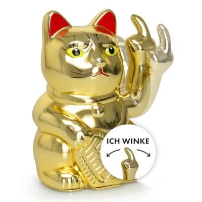 Abbildung von ANGRY CAT Winkekatze Lucky Lustige winkende Katze japanische Winkkatze Dekoartikel Wackelfigur Winke Arm 15cm, Gold