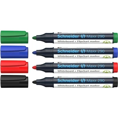 Abbildung von Schneider Maxx 290 Marker (für Whiteboards und Flipcharts, Rundspitze 2 3 mm Strichstärke, rückstandsfrei trocken abwischbar, hohe Qualität, kräftig farbintensiv) Etui mit 4 Farben