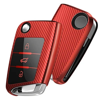 Abbildung von OATSBASF Autoschlüssel Hülle VW, VW Golf 7 Schlüsselhülle, Schlüsselbox Cover für Polo, Skoda, Tiguan, MK7 3 Tasten (Rot Streifen)