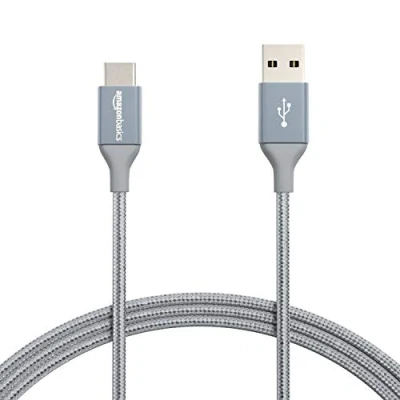 Abbildung von Amazon Basics Schnellladekabel, USB C auf A 2.0, mit Nylongeflecht umwickelt, 480 MBit/s, IF zertifiziert, für Apple iPhone 15, iPad, Samsung Galaxy, Tablets, Laptops, 1.8 m, dunkelgrau