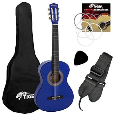 Abbildung von TIGER CLG6 BL Klassische Gitarre für Anfänger, 1/2 Größe, im Set inklusive Gigbag, Ersatz Nylonsaiten und Gitarrenpick Blau