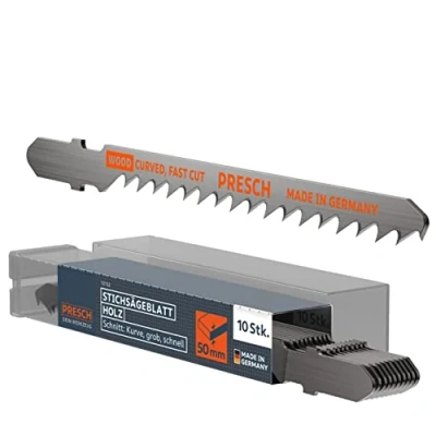 Abbildung von Presch Stichsägeblätter Holz 10 Stk. (Kurve, Grob) Extrem schneller Kurvenschnitt (5 50mm) Profi Stichsägeblatt Set T Schaft für jede Stichsäge Sägeblätter Kreisschnitt