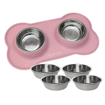 Abbildung von KaraLuna Napfunterlage aus Silikon mit Edelstahl Futternapf I Für Katzen &amp; Hunde (200ml, Rosa)