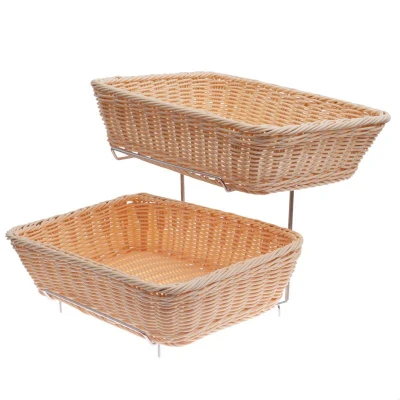 Abbildung von HENDI Brotkorb Display 2 Etagen GN 1/2 2x Kunststoff Korb 36 x 28 9 cm Weidenkorb Optik Polypropylen mit Chromgestell, Gastro Buffet Korbständer