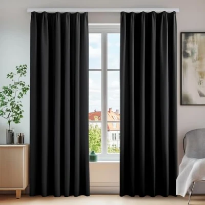 Abbildung von Deconovo Vorhang Blickdicht Gardinen Kälteschutz Schallschutz mit Kräuselband, 160x140 cm(HöhexBreite), Schwarz, 2er Set