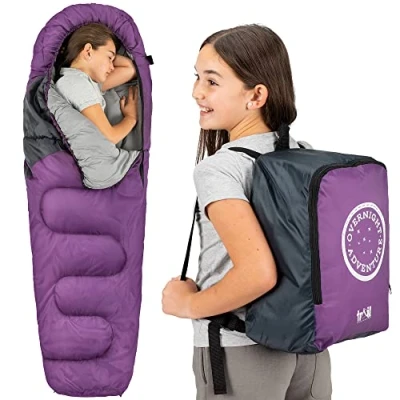 Abbildung von Trail Schlafsack Kinder Mumienschlafsack als 3 Jahreszeiten für Camping 300gsm Jungen und Mädchen mit Leichtem Transportrucksack Lila