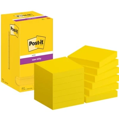 Abbildung von Post it Super Sticky Notes, Packung mit 12 Blöcken, 90 Blatt pro Block, 76 mm x mm, Farbe: Gelb Extra stark klebende Notizzettel für Notizen, To Do Listen und Erinnerungen
