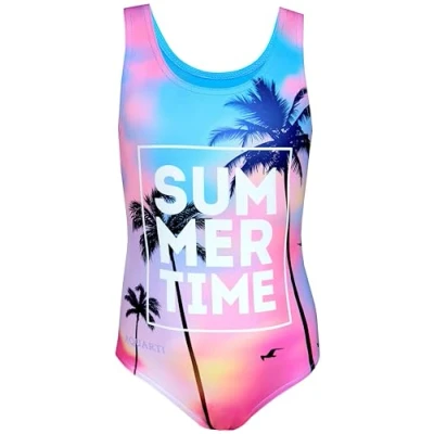 Abbildung von Aquarti Mädchen Badeanzug mit Ringerrücken Print, Farbe: Summer/Time/Blau/Pink/Lila, Größe: 134