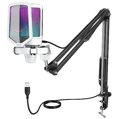 Abbildung von FIFINE USB Mikrofon PC Gaming mit Arm, Microphone weiß für MAC PS4 PS5 Stummschalttaste, Popfilter, Shock Mount Streaming Podcast Studio