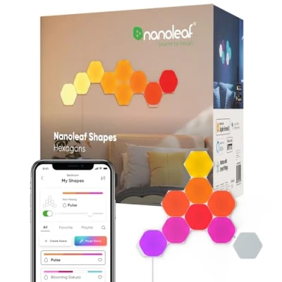 Abbildung von Nanoleaf Shapes Hexagon Starter Kit, 9 Smarten LED Panels RGBW Modulare WLAN 16 Mio. Farben Wandleuchte Innen, Musik &amp; Bildschirm Sync, Funktioniert mit Alexa Google Apple, für Deko Gaming
