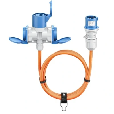 Abbildung von goobay CEE Adapterkabel Wohnmobil 1,5m Stecker auf 90 Kupplung und Schutzkontakt mit Verschlusskappen, Kabel für Camping, Wohnwagen, 76232