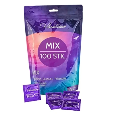 Abbildung von VIBRATISSIMO Kondome Mix 100er Pack gemischt I gefühlsecht &amp; extra feucht Condoms for Men Kondom Beutel dünne Wandstärke Aromatisiert hauchzart genoppt gerippt
