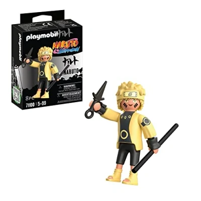 Abbildung von PLAYMOBIL Naruto 71100 Rikudou Sennin Mode mit gelbem Oberteil, schwarzer Hose und gelben Sandalen sowie Stab Kunai, ab 5 Jahren