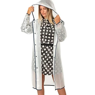 Abbildung von PERLETTI Regenponcho Wasserdicht Damen Herren Reflktierende Details Regenjacke Wandern Outdoor Trekking Reisen mit Kapuze Regen Cape Waterproof Kompakt Camping (L, Transparent Rand Blau)