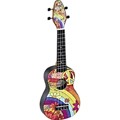 Abbildung von Ortega Guitars Sopran Ukulele bunt Keiki K2 Starterkit inklusive Tuner, Gurt, 5 Medium Plektren &amp; Kordelzugtasche Kauriholz peace &#039;68 (K2 68)