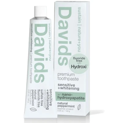 Abbildung von Davids Nano Hydroxyapatite Natural Toothpaste, Sensitive, Whitening, Enamel Health, Fluoride Free, SLS Peppermint, 5.25 oz Metal Tube, Tube Roller Included