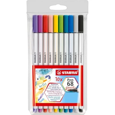 Abbildung von Premium Filzstift mit Pinselspitze für variable Strichstärken STABILO Pen 68 brush 10er Pack 10 verschiedenen Farben
