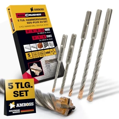 Abbildung von SDS+ Hammerbohrer Set 5tlg. 4X Schneiden PGM Ø 5 10mm x 110/160mm AMBOSS Werkzeuge SDS Crusher 4 HM Betonbohrer Hartmetall Profi Bohrer Stahlbeton Steinbohrer Beton Mauerwerk Kalksandstein