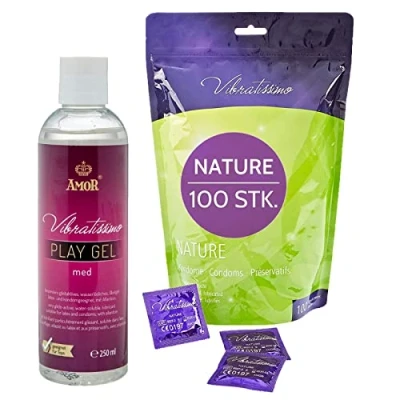 Abbildung von VIBRATISSIMO Kondome Nature 100er Pack &amp; Gleitgel Set I Box extra feucht Condoms for Men dünne Wandstärke Naturfarben gefühlsecht hauchzart Verhütung b=53mm