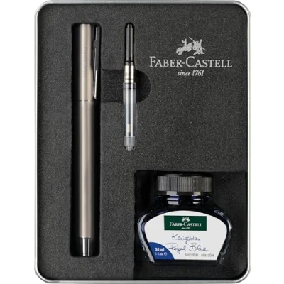 Abbildung von Faber Castell 149627 Schreibset Neo Slim Edelstahl Matt, mit Füller M, Tintenfass 30 ml und Konverter