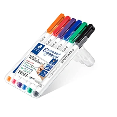 Abbildung von STAEDTLER 301 WP6 Whiteboard Pen Lumocolor (Strichbreite M (ca. 1 mm), trocken und rückstandsfrei abwischbar, schnelltrocknend, hohe Qualität, ideal für kleine Whiteboards, Box mit 6 Farben)