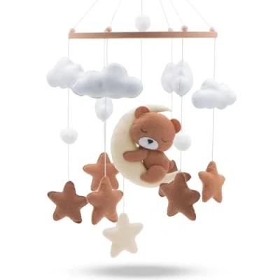 Abbildung von Baby Mobile schlummernder Bär Mobiles mit Holzring und süßen Tierchen Perfektes für Babybetten oder als Babyzimmer Deko.