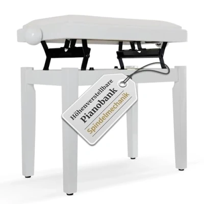 Abbildung von Classic Cantabile Pianobank Weiß Hochglanz (Höhenverstellbar von 47 56cm, Spindelmechanik, Sitzfläche 55 x 32cm, weißer Velourbezug, stabil)